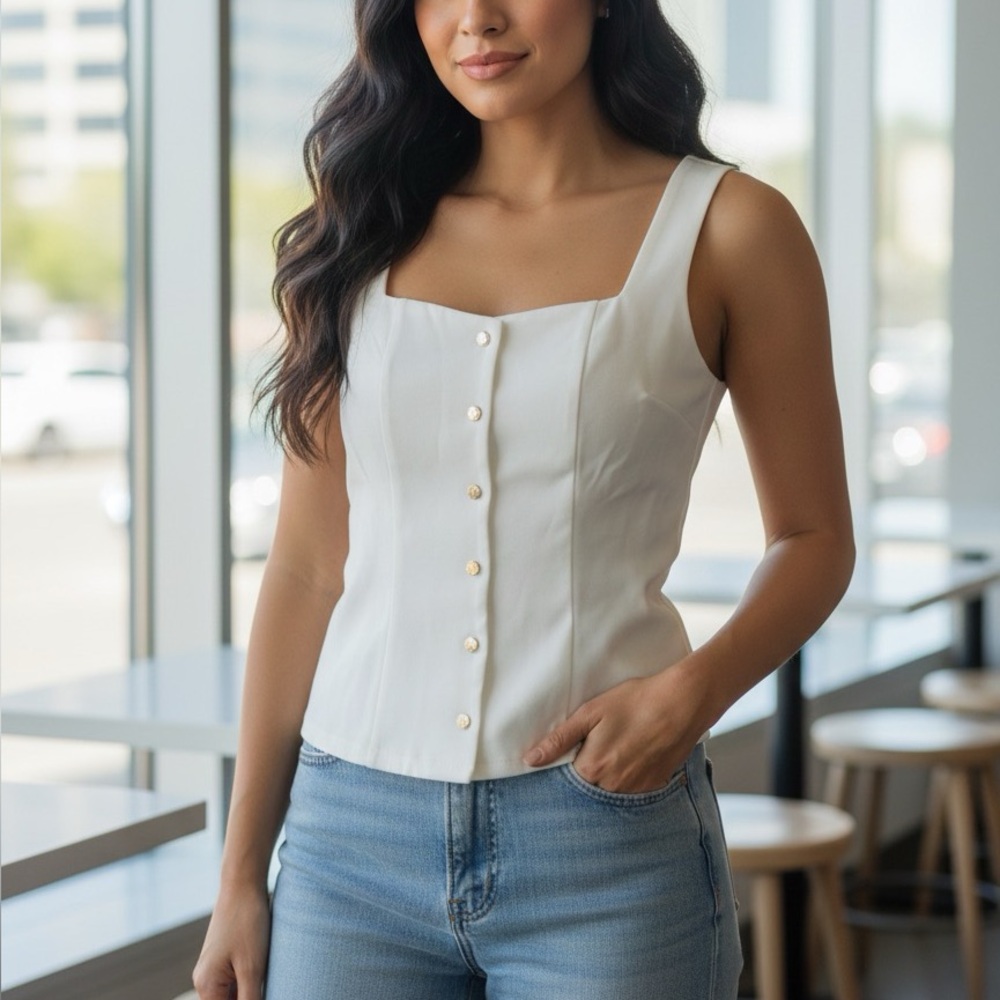 Nine West Cream Button-Up Corset Top